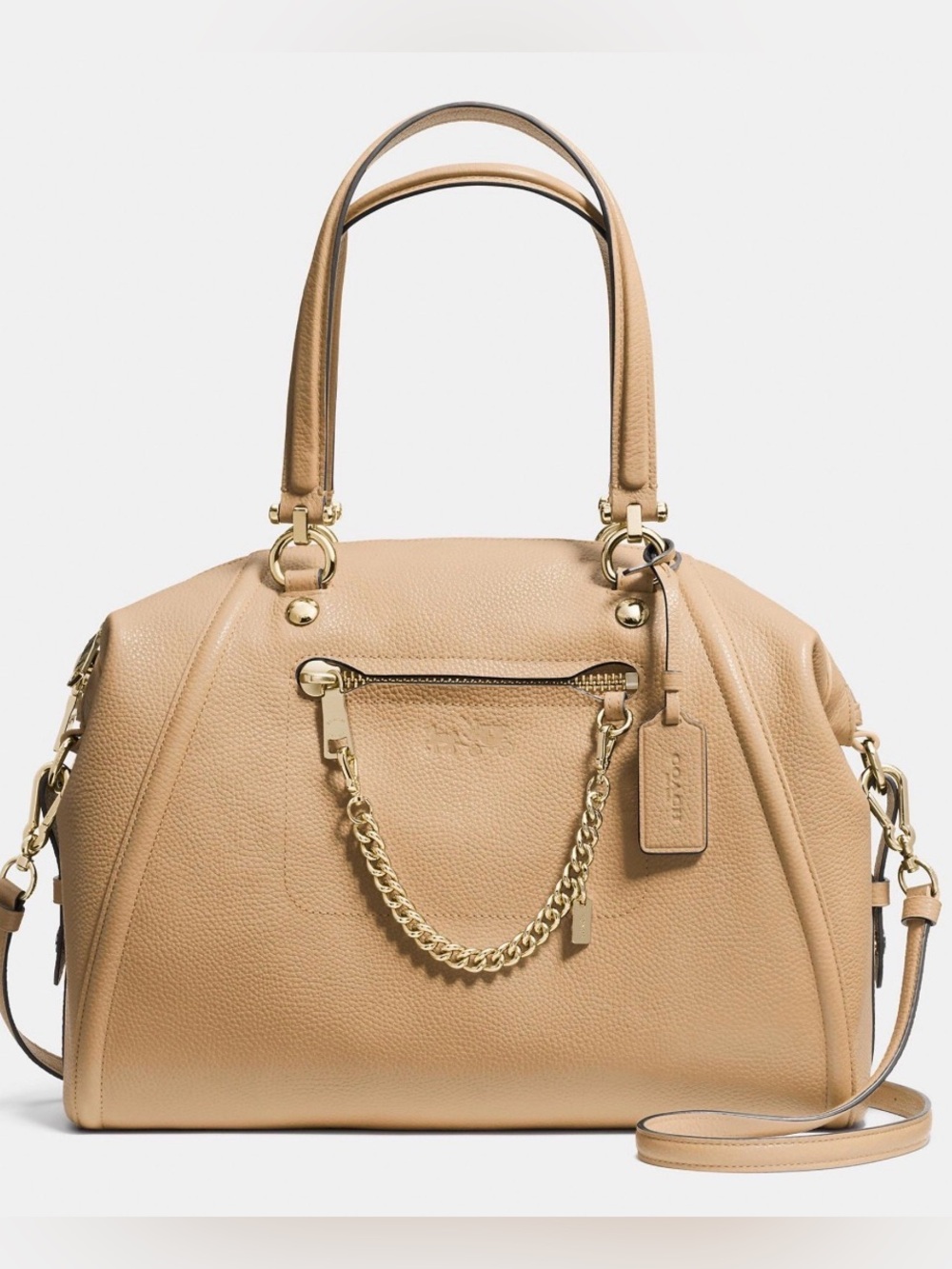 Coach Prairie Satchel with Chain in Pebble Leather 34362 Nude Beige Gold